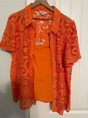 Nanette Lepore Bright Orange Lace Button-Down Shirt with Shell